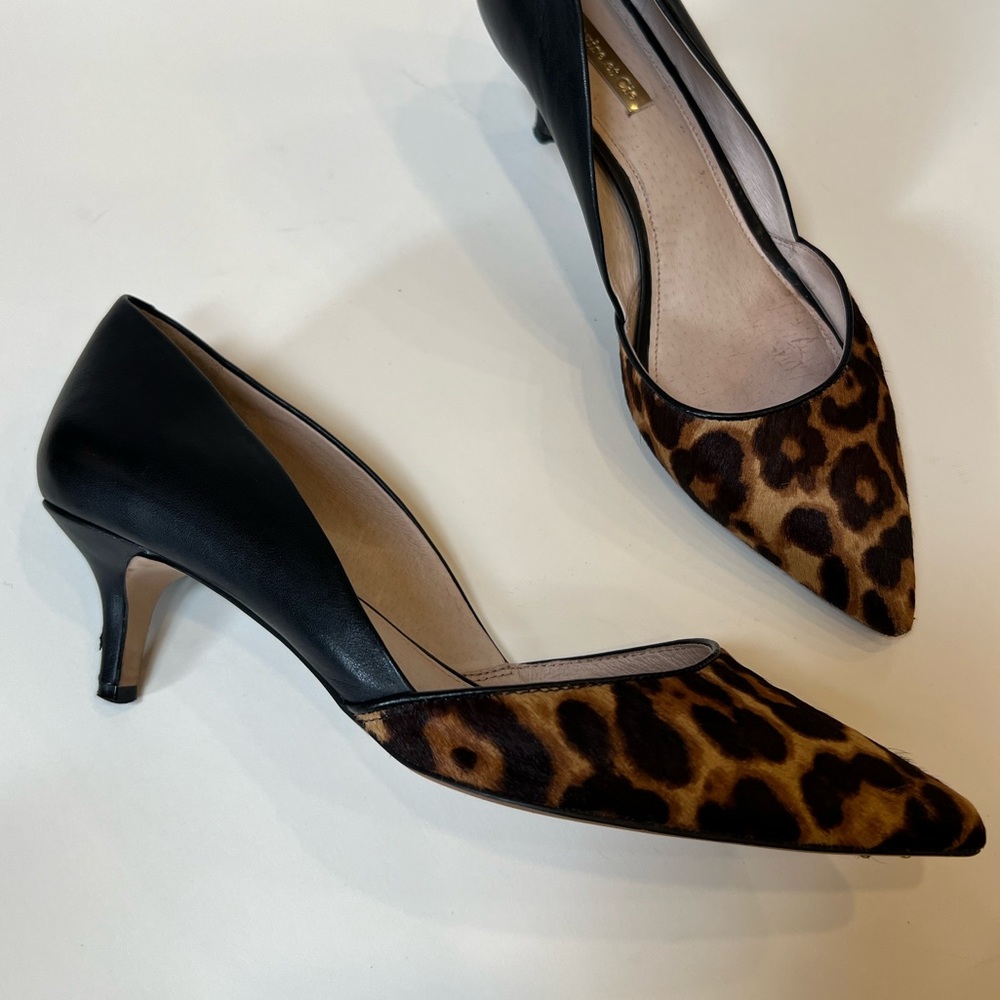 Louise Et Cie Kitten Heel Leather Heels with Calf Hair Leopard Print Toe 9.5